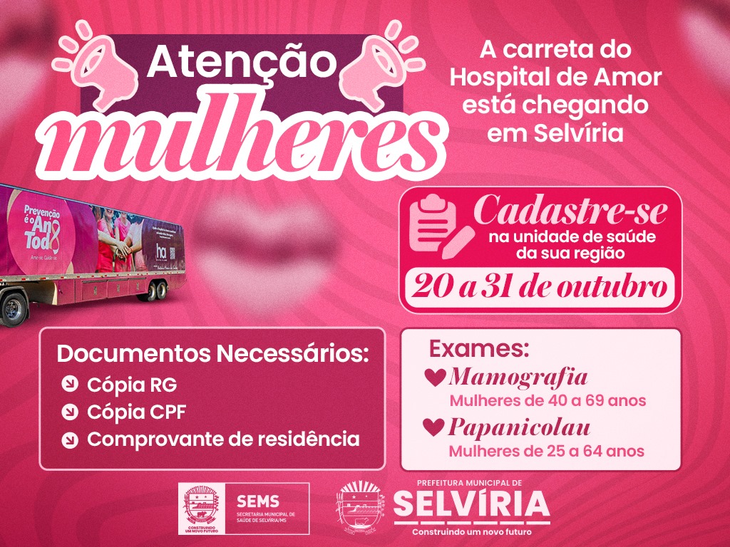 Selvíria: Agendamentos para exames de Papanicolau e mamografia na carreta do Hospital de Amor podem ser feitos até sexta Cover Image