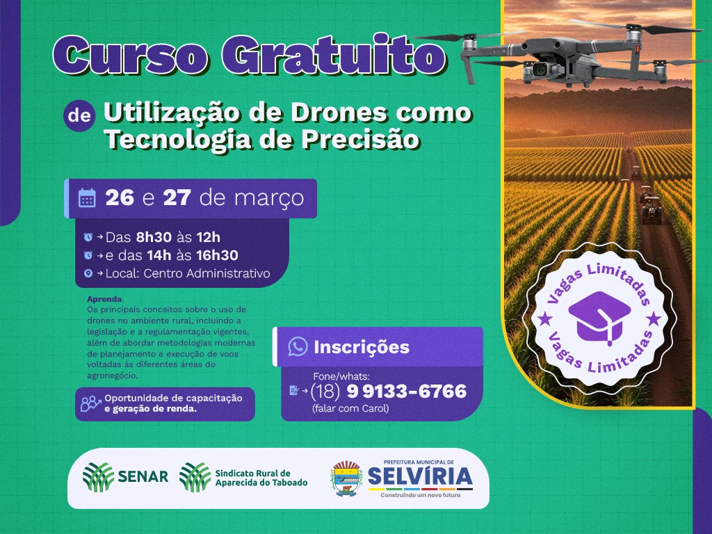 Inscrições abertas para curso gratuito sobre uso de drones no campo em Selvíria