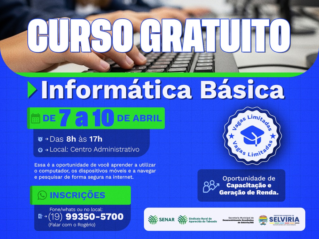 Inscrições abertas para curso gratuito de Informática Básica