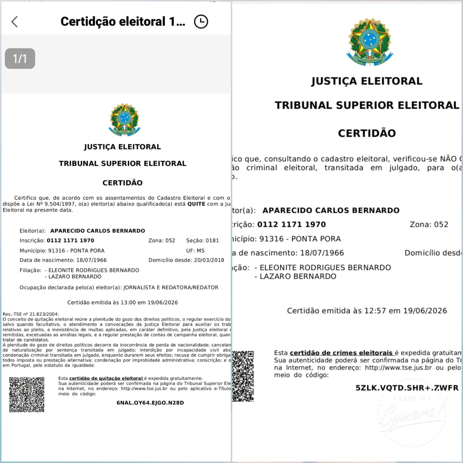 Carlos Bernardo obtém certidões de quitação  e de "nada consta" criminal eleitoral junto ao TSE