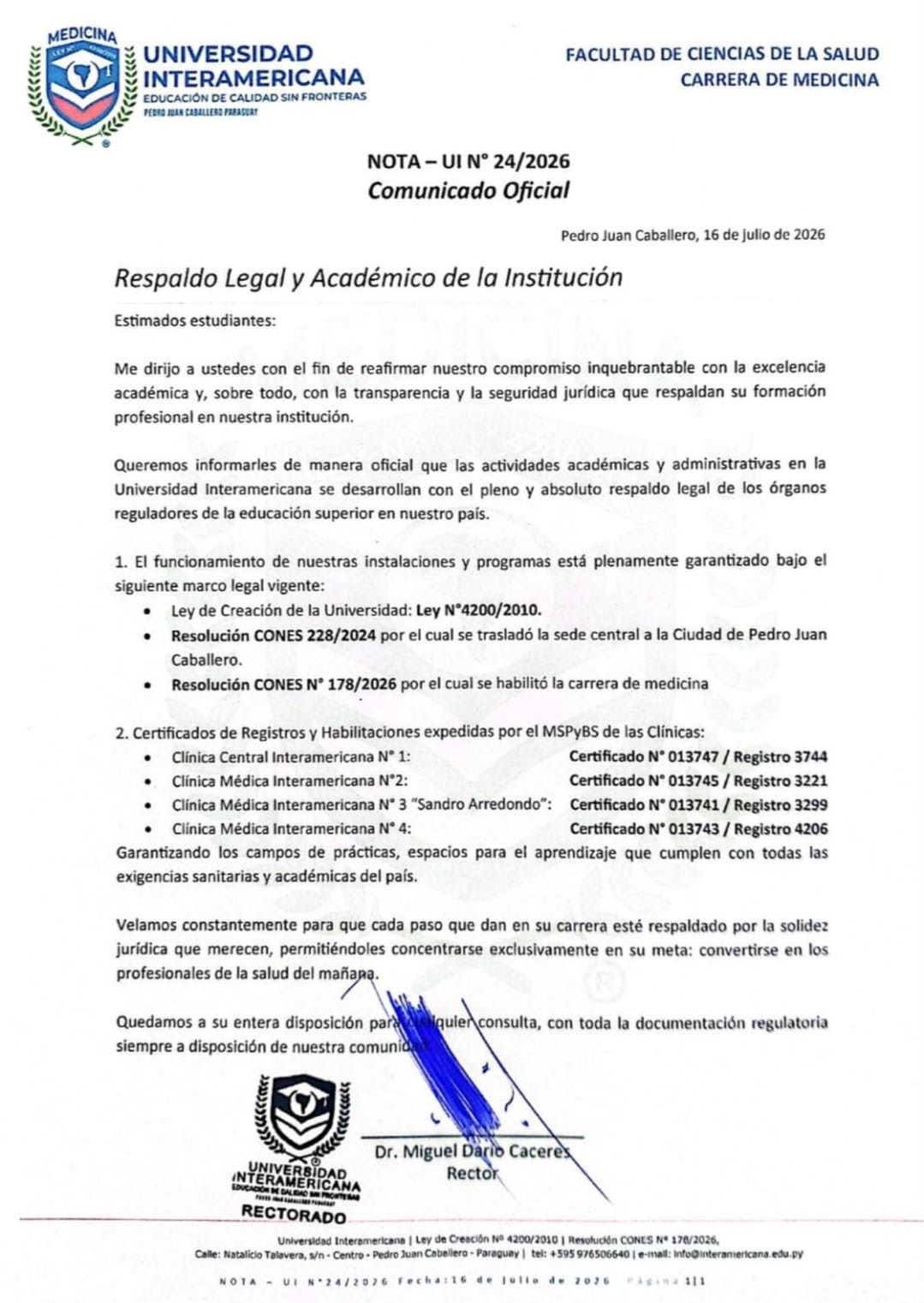 Universidad Interamericana reafirma legalidade e  qualidade do curso de Medicina em Pedro Juan Caballero