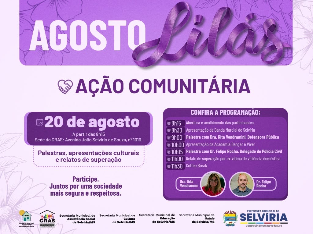 Agosto Lilás: Selvíria terá ação comunitária com palestras, apresentações culturais e relatos de superação